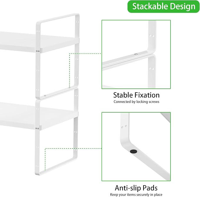 Expandable Cabinet Shelf, Stackable Organizer Rack, White Small 2 PK | Adjustable Fit, Stackable Height Options, Nonslip Base, Larger Capacity, Cabinet/Pantry Organization - Image 3