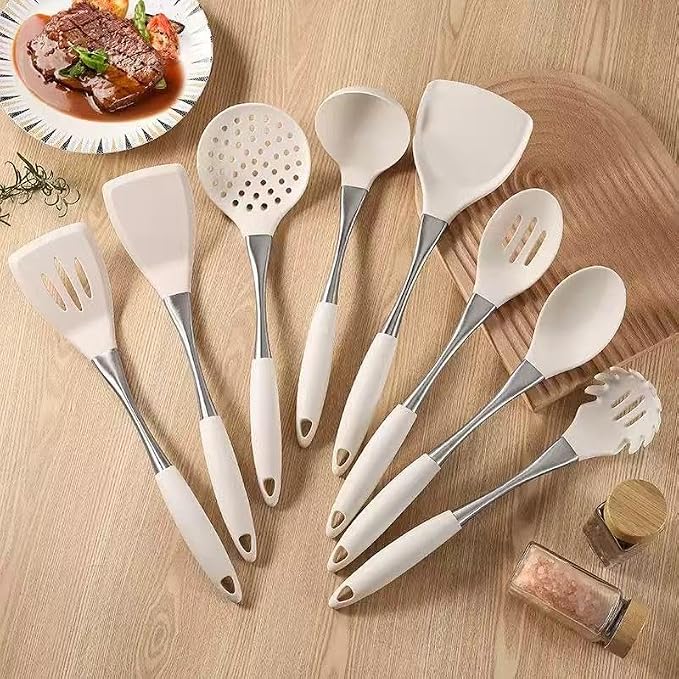 8-Piece Silicone Kitchen Utensil Set, White and Gold, Heat Resistant Cooking Tools with Comfort Handles- Includes Spatula & Spoon for Nonstick Cookware (White and silvery) - Image 2