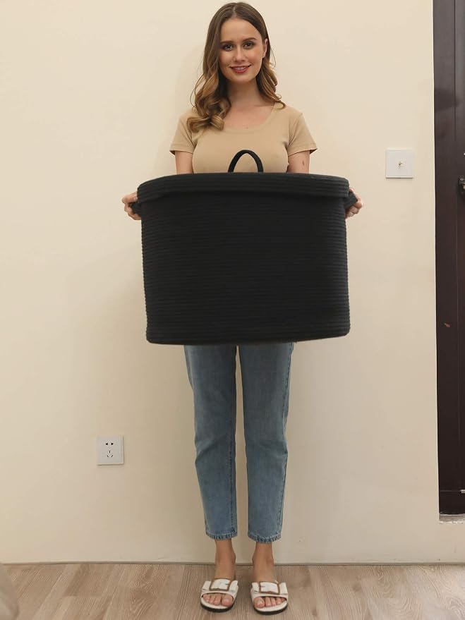 20x15 Inch Extra Large Round Cotton Rope Storage Basket with Lid, Decorative Woven Bin with Cover for Living Room Bedroom Closet, Black - Image 8