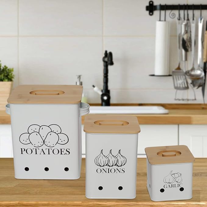 Kitchen Canisters Set, Storage Bin for Potato Onion & Garlic, 3 Pack Set Countertop Pots Containers with Wooden Lid - Potato Storage, Garlic Bin, Onion Keeper Tin with Aerating Holes-White - Image 4
