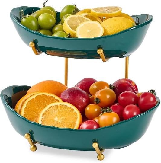 2 Tier Ceramic Fruit Bowl with Gold Metal Stand | Tiered Fruit Basket for Snacks, Nuts, Cake, Dessert (Dark Green) by Unknown