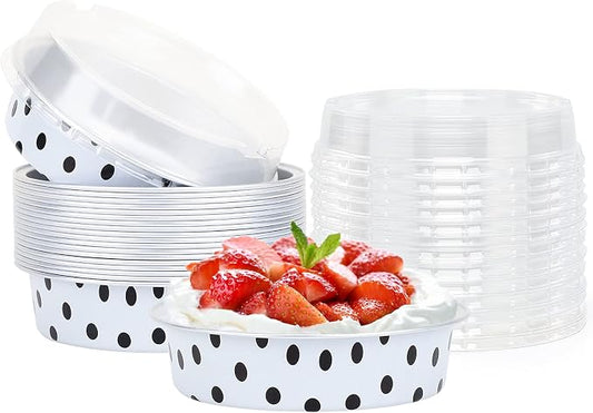 Beasea Mini Tart Pans with Lids 20 Pack, 4” 8oz Disposable Aluminum Baking Foil Tins Round Small White Black Dot Container for Individual Cupcake Dessert Muffin Ramekin Cheesecake Quiche Oven Dishes by Beasea