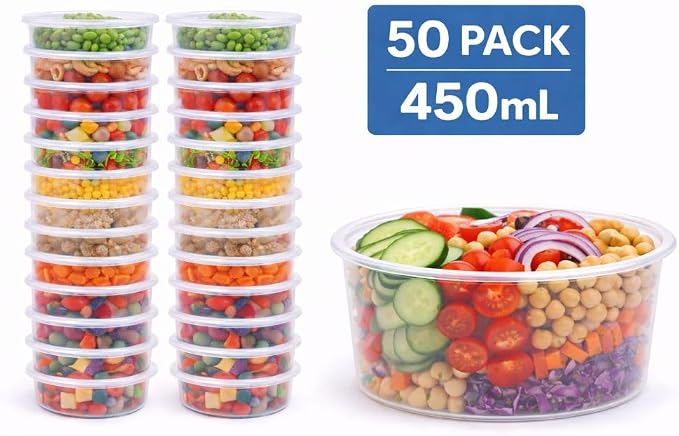 1ABOVE 50 Pack Round Plastic Food Containers with Lids – Reusable Leakproof BPA-Free Meal Prep Storage, Microwave, Freezer & Dishwasher Safe (450ML) - Image 2