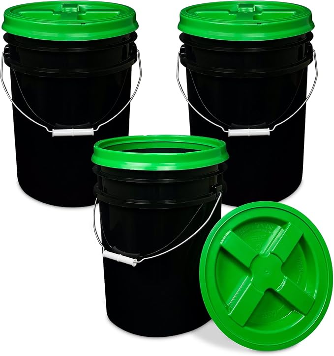 5 Gallon Bucket - Food Grade w/Lid BPA-Free, Black/Green, 3 | Airtight Gamma Seal Screw-On Lid, Heavy-Duty 90 Mil HDPE Plastic, Food Safe and Durable Container, Bulk Storage, Made in USA by ePackageSupply