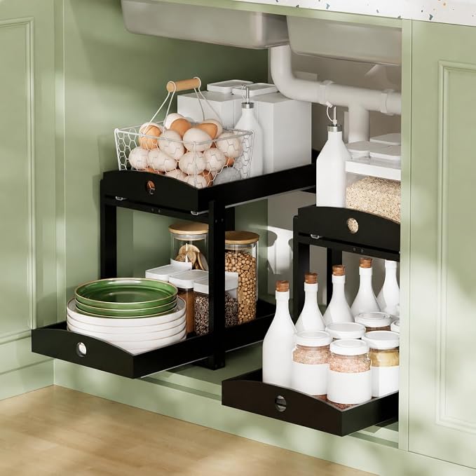 Bamboo Under Sink Organizer 2 Tier Pull Out Cabinet Storage Drawer - Image 2