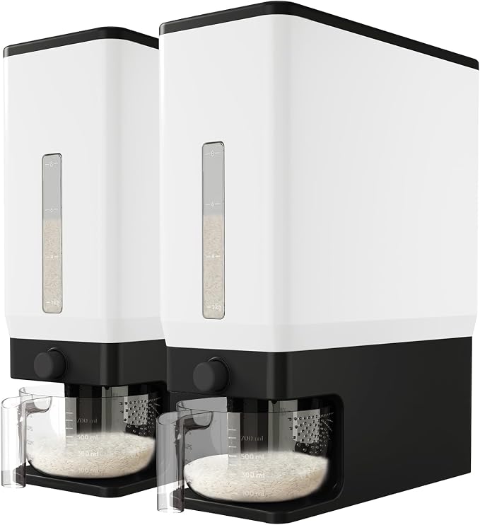 Lifewit Rice Dispenser 25 Lbs, Airtight Storage with Cup, 2 Pack Black | BPA-Free 11.3kg Capacity Storage Container for Beans, Corn & Other Small Grains, One-Press Dispensing Bin for Kitchen Pantry by Lifewit