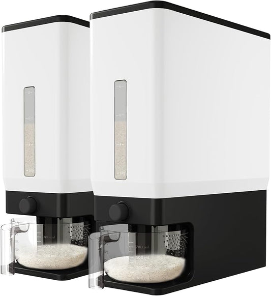 Lifewit Rice Dispenser 25 Lbs, Airtight Storage with Cup, 2 Pack Black | BPA-Free 11.3kg Capacity Storage Container for Beans, Corn & Other Small Grains, One-Press Dispensing Bin for Kitchen Pantry by Lifewit