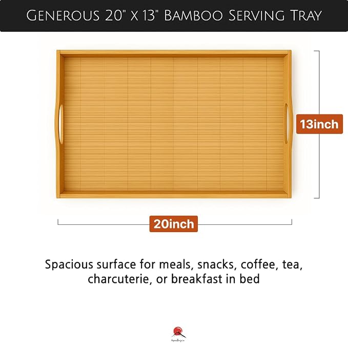 JapanBargain 4099, 4-Pack Large Bamboo Serving Trays with Handles, 20 x 13 Inch Wooden Tea Tray for Lunch Dinner Coffee Snacks Butler Shelf Display - Image 2