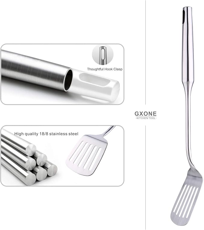 Slotted Turner & Spatula for Cast Iron Skillet Grilling Cooking | 304 Stainless Steel Kitchen Utensil,Metal Spatula,Hollow Handle,Flipping Food,14.9 Inch - Image 3