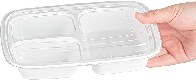 Asporto 26 Ounce Compartment Take Out Boxes, 50 Microwavable Meal Prep Containers - 3 Compartments, With Clear Plastic Lids, White Plastic Food Containers, Do Not Contain BPA - Restaurantware - Image 11