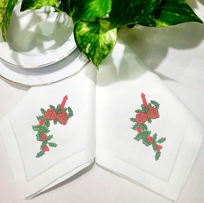 Embroidered Cloth Napkin Strawberry Candle Holly Christmas Cotton Napkins Set of 6, 20 x 20 Hemstitch Table Napkins Machine Washable, Daily & Holidays, Great Gift Ideas - Image 8