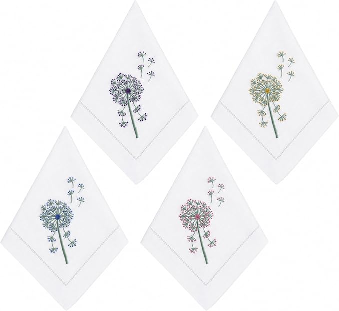 Cloth Napkins Set of 4, 20x20 inch, 100% Pure Cotton Hand Embroidered French Knot, Reusable & Machine Washable, Table Napkins for Dinner, Weddings, Parties (Colorful Dandelion) by EmbroideryLinenVN