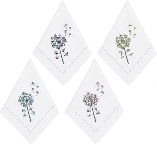 Cloth Napkins Set of 4, 20x20 inch, 100% Pure Cotton Hand Embroidered French Knot, Reusable & Machine Washable, Table Napkins for Dinner, Weddings, Parties (Colorful Dandelion) by EmbroideryLinenVN