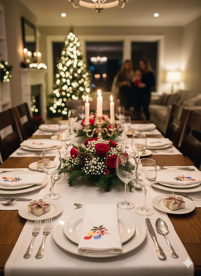 – Embroidered Cloth Napkin Balloons & Holly Christmas Cotton Napkins Set of 6, 20 x 20”, Hemstitch Table Napkins, Machine Washable, Daily & Holidays, Great Gift Ideas - Image 7