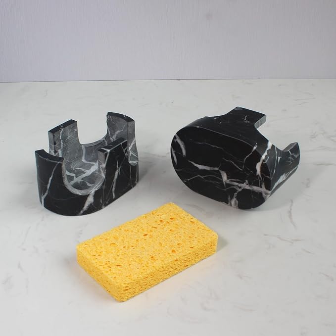 Natural Travertine Marble 2-Slot Sponge Holder for Kitchen Counter, 2-in-1 Stone Drying Rack, Sponge Caddy for Sink Organizer - Nero Portoro Marble - Image 4