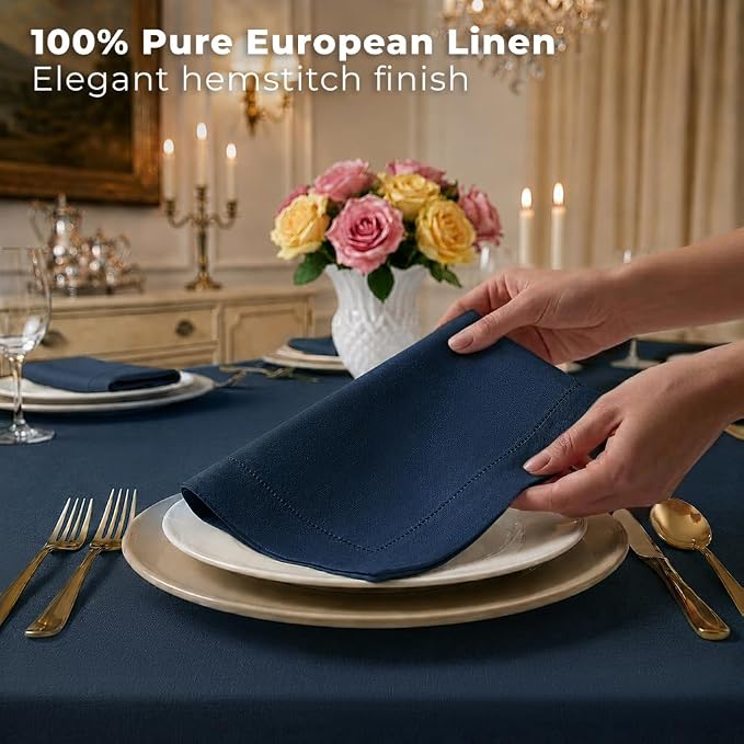 Signature Linen™ by D'Moksha Navy Blue Dinner Napkins Set of 4, 20 x 20 Inch Cloth Napkins, 100% Pure Linen, Hemstitch, Machine Washable Table Napkins- Summer, Weddings, Outdoor hostings - Image 3