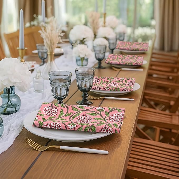 Strawberry Pink Hand Block Print 100% Cotton Napkins 18" x 18" (Set of 4) Reuseable Kitchen Napkins Cloth Decor Dinner Party Wedding Cocktail Gift for Spring, Easter, Summer - Image 7