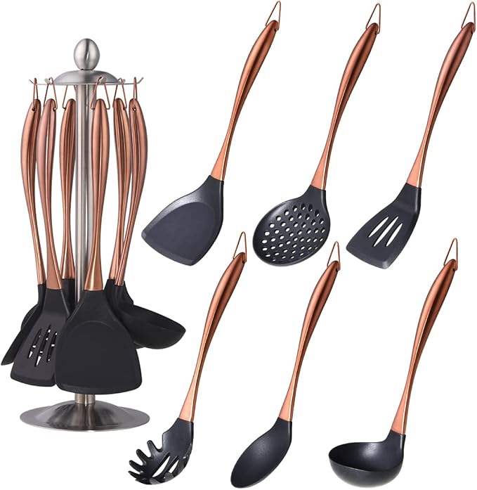 Silicone Cooking Utensil Set, 6 pcs Silicone Cooking Kitchen Utensils Set, Non-stick Kitchen Cookware Titanium Stainless Steel Handle with Utensil Holder, Spatula Set for Cooking -Rose Gold by QOBIMOON