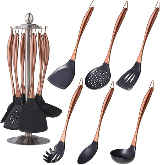 Silicone Cooking Utensil Set, 6 pcs Silicone Cooking Kitchen Utensils Set, Non-stick Kitchen Cookware Titanium Stainless Steel Handle with Utensil Holder, Spatula Set for Cooking -Rose Gold by QOBIMOON