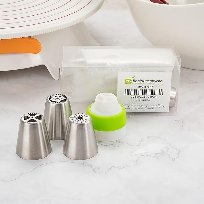 Restaurantware Pastry Tek Russian Piping Tips Set 20 Piece Durable Cake Decorating Kit - 9 Piping Tips 10 Piping Bags Stainless Steel Piping Bags And Tips Set 1 Tri-Color Coupler - Image 3