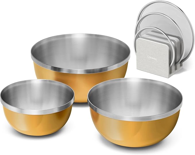 Caraway 7-Piece Mixing Bowl Set with Lids and Lid Storage Organizer | 6 qt, 4 qt, 2 qt Stainless Steel Bowls with Tempered Glass Lids, Non-Toxic, PFAS-Free, Marigold by Unknown