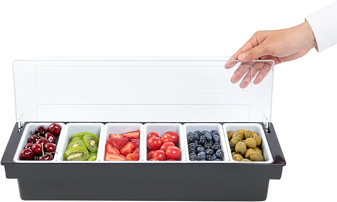 Restaurantware Bar Lux 19.6 x 6.3 x 3.7 Inch Condiment Caddy 1 Durable Bar Caddy - 6 Removable Compartments Built-In Lid Black Plastic Condiment Holder For Restaurant Store Cocktail Garnish - Image 11