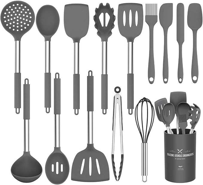 Stainless Steel Kitchen Cooking Utensil Set, Umite Chef 15 pcs Cooking Utensils - Nonstick Kitchen Utensils Cookware Set Spatula Set -Kitchen Gadgets Utensils Set, Kitchen Tools Gift (Gray) by UmiteChef