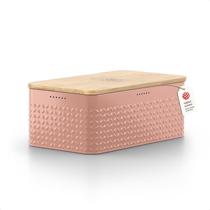 LARS NYSØM Bread Box I Metal Box with linen bag for long lasting freshness I Bread Bin with bamboo lid usable as cutting board I 13.4x7.3x5.3In (Blush Rose) by LN