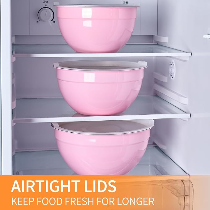 Pink Mixing Bowls with Airtight Lids, Stainless Steel Nesting Mixing Bowls Set of 7, Ideal for Baking, Prepping and Serving Food, Size 7, 3.6, 2.7, 2.1, 1.5, 1.1,0.8 QT, Stackable Design - Image 6