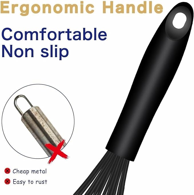 Dishwasher Safe Silicone Whisk, Sealed Waterproof Design Set of 3, Professional Kitchen Whisks for Cooking Non-Scratch, Silicone & Stainless Steel Whisk, Heat Resistant Balloon Egg Beater, Black - Image 5