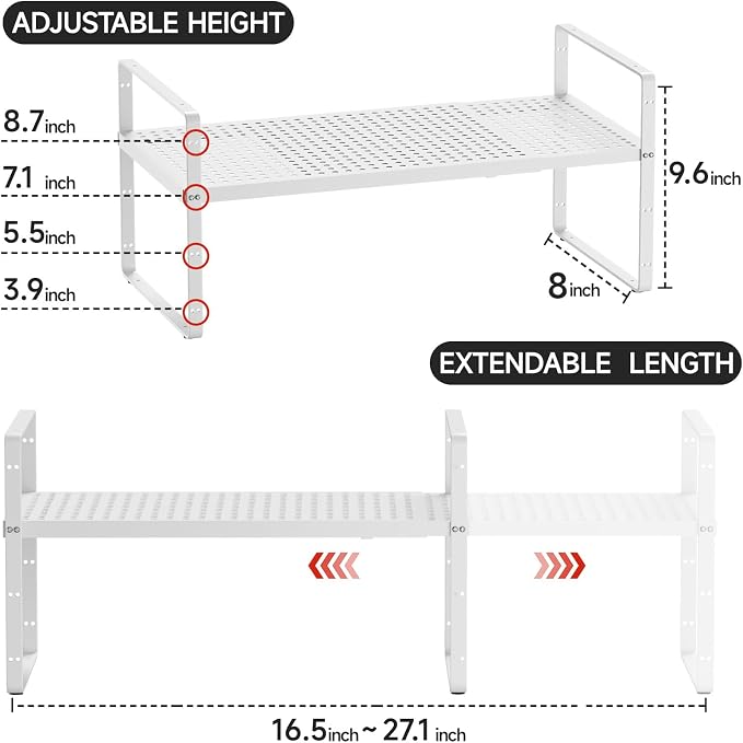 Expandable Cabinet Shelf Organizers, 16.5"~27''L, White | Stackable Metal Shelves, Adjustable Spices Rack Stand, For Kitchen Countertop Storage, For Cupboard Pantry, 8" W x 9.6" H - Image 2