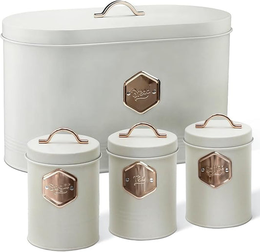 Bread Box for Kitchen Countertop with Coffee Sugar Tea Storage Containers, Bread Box and Canisters Set for the Kitchen with Lid, Beige by Plexon