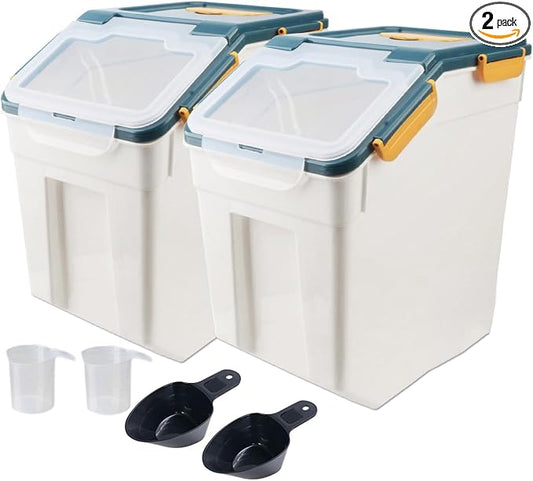 2 Pack 50 lb Airtight Flour Storage Containers with Wheels, Blue | Large Rice Bin, Seal Locking Lid, BPA-Free, Includes Measuring Cup & Scoop, Kitchen Organization by Begino