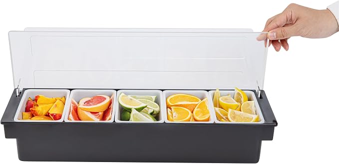 Restaurantware Bar Lux 19.6 x 6.3 x 3.7 Inch Condiment Caddy 1 Durable Bar Caddy - 5 Removable Compartments Built-In Lid Black Plastic Condiment Holder For Restaurant Store Cocktail Garnish - Image 11