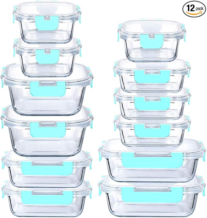 Glass Food Containers Storage Organizers for Kitchen Pantry | BPA Free | Leak Proof | Odor Proof | Stain Resistant | 12 Sets | Freezer and Oven Safe (Blue) by LYTIO
