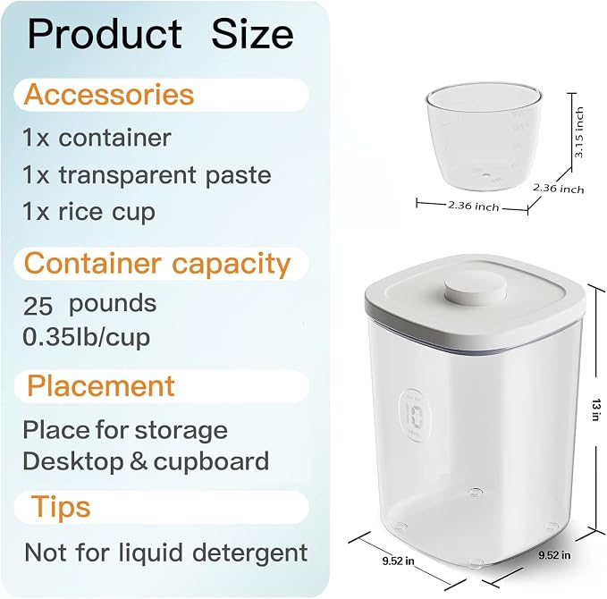 20-25 lbs Rice Dispenser,10.5 Qt/10 L/22-25 lbs Rice Container Storage with Measuring Cup & Brush Food Cereal Container Bins Household for Kitchen Pantry Organization (AY-10KG-WHITE) | 10.5 Qt/10 L/22-25 lbs, Food Container Storage Cereal Bins Househol... - Image 6