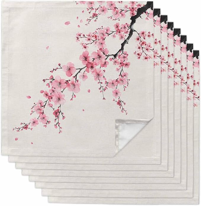 Cherry Blossom Cloth Napkins Set of 8 - Washable Dinner Napkins Reusable Table Napkins for Home Party Weeding Dining Table Setting Decoration, Pink Asian Japanese Burlap Beige Oversized 20"x20" by Unknown
