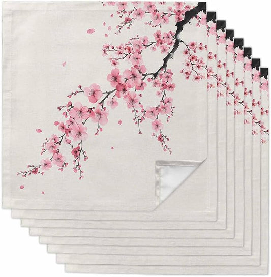 Cherry Blossom Cloth Napkins Set of 8 - Washable Dinner Napkins Reusable Table Napkins for Home Party Weeding Dining Table Setting Decoration, Pink Asian Japanese Burlap Beige Oversized 20"x20" by Unknown