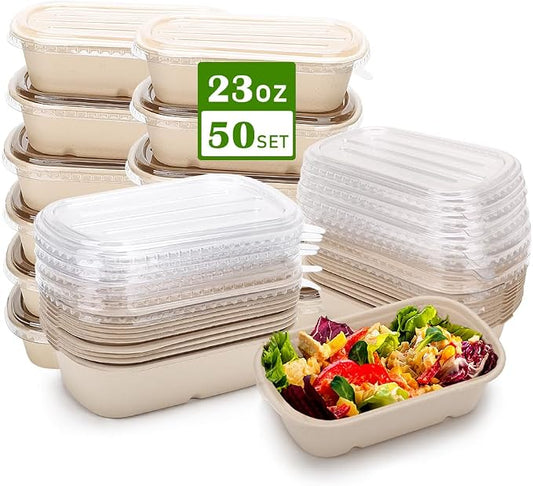 Aksipo 50 Pack 23 Oz Disposable Meal Prep Containers with Lids, Rectangle Paper Bowls with Lids for Salad,Leftovers, Leak-proof To Go Food Box Cardboard Lunch Box Compostable Take Out Food Containers by Aksipo