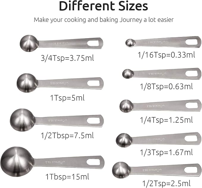 U-Taste 18/8 Stainless Steel Measuring Spoons Set of 9 and Measuring Cup Set of 7 for Dry and Liquid Ingredient with Engraved Measurement - Image 2