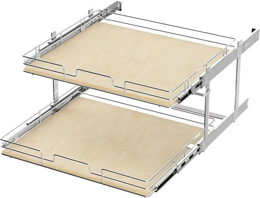 ROOMTEC 2 Tier Individual Pull Out Cabinet Organizer 28½"W x 21½"D, Slide Out Wood Shelves Organizers, Pull Out Drawers Organization and Storage for Kitchen Cabinet by ROOMTEC