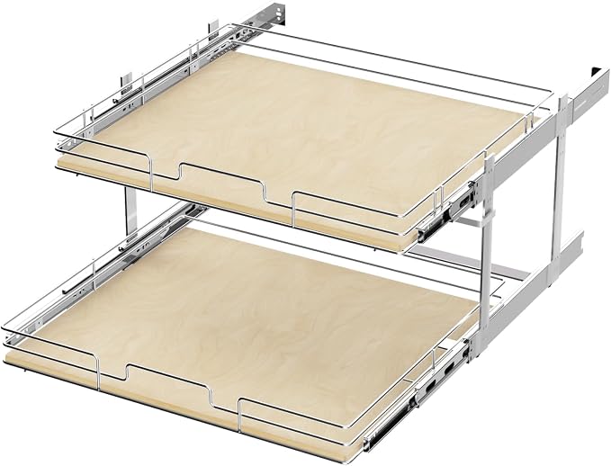 ROOMTEC 2 Tier Individual Pull Out Cabinet Organizer 31½"W x 21½"D, Slide Out Wood Shelves Organizers, Pull Out Drawers Organization and Storage for Kitchen Cabinet by ROOMTEC