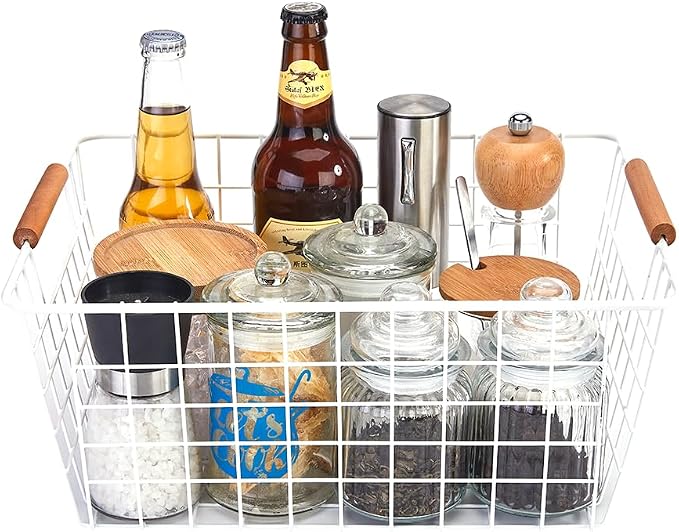 LeleCAT Large white wire baskets with Wooden Handles for storage pantry, Storage Organizer Baskets, Household Refrigerator for Cabinets, Closets, Bedrooms, kitchen - Set of 3 White - Image 3
