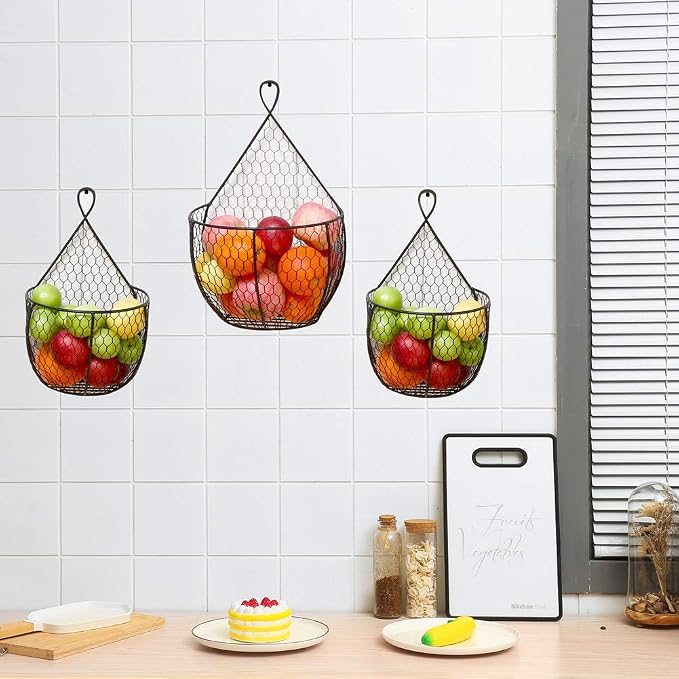 ERYTLLY Metal Fruit And Vegetable Storage Hanging Basket Wall Mounted, Hanging Basket For Kitchen Black Wire Baskets for Flowers, Fruits and Veggies - Set of 3 - Image 2
