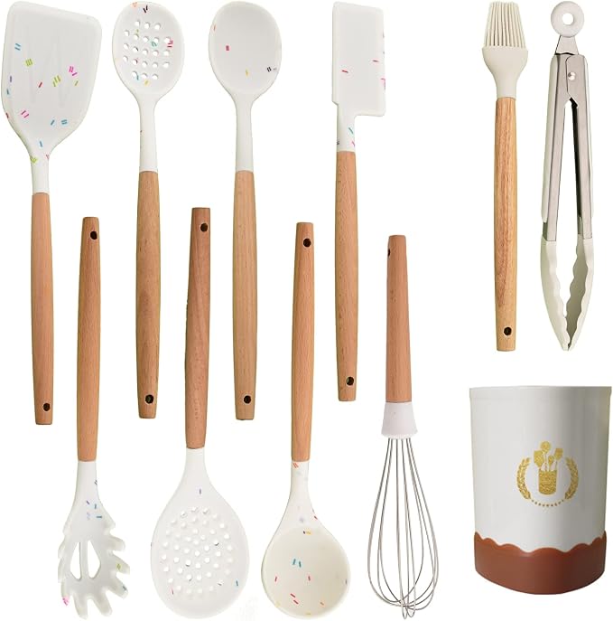 JASHII Silicone Kitchen Utensils Set White Rubber Spatulas with Wooden Handle, Silicone Cooking Utensils with Holder, Heat Resistant for Nonstick Cookware by JASHII