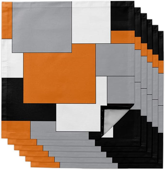 Mid Century Modern Kitchen Cloth Napkins 6 Pack, Orange Black Grey White Geometric Abstract Art Dinner Napkins Soft Table Napkin for Family Dinners Parties Wedding, Washable & Reusable 20" x 20" by EwdeWwo