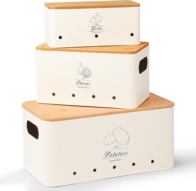Kitchen Vegetable Storage Tins Set of 3 for Potatoes, Onion, Garlic, Vegetable Storage Containers with Ventilation and Bamboo cover, White metal material, Potato and Onion bin for Pantry by Unknown