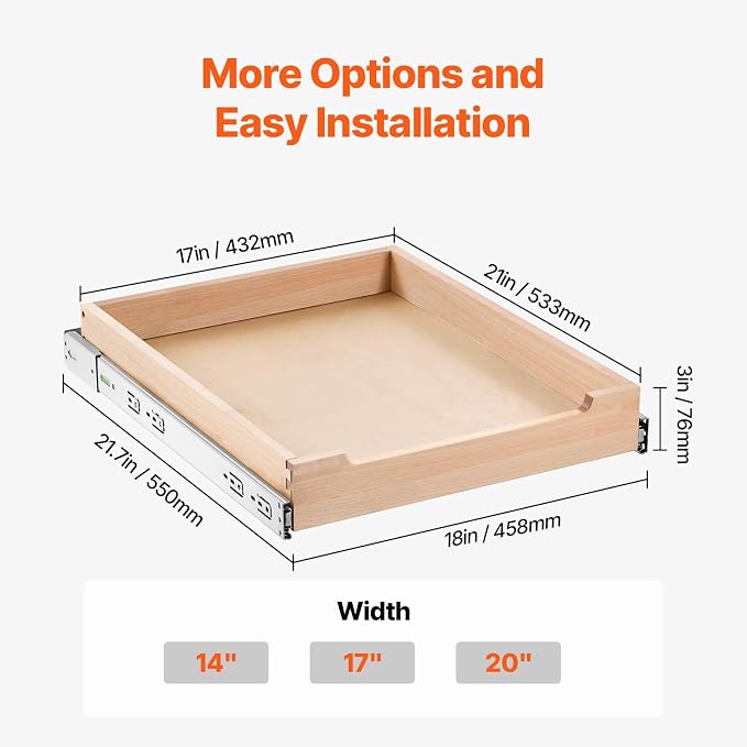 VEVOR Pull Out Cabinet Organizer, 17"W x 21"D Cabinet Drawer, Soft Close Slide out Shelf, Heavy-Duty Sliding Wood Drawer, Bottom Mount Size（17.5"W x 23"D）and Side Mount Size（18"W x 23"D） - Image 7