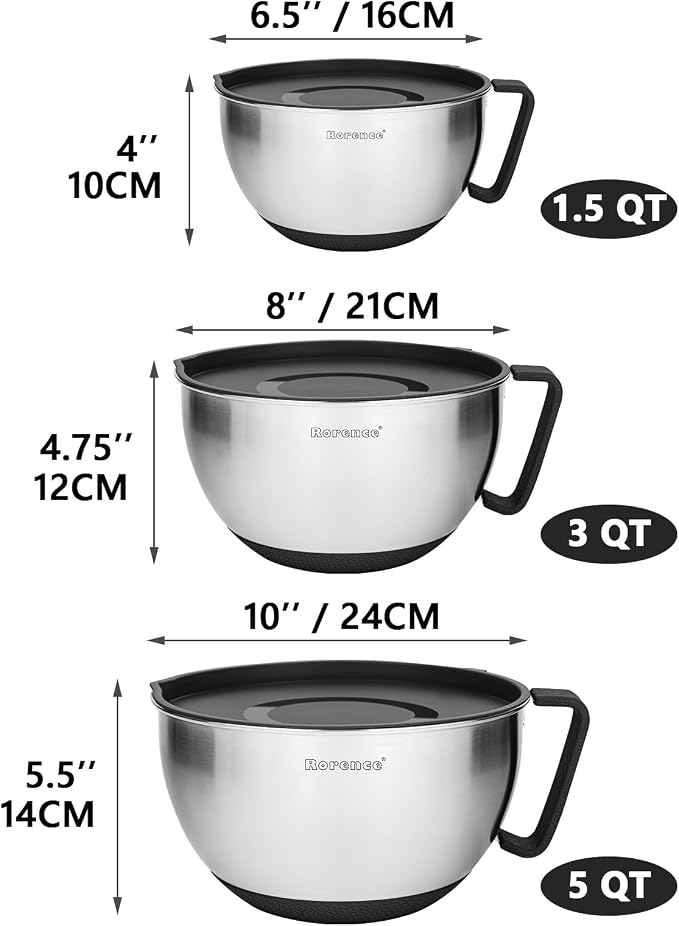 Stainless Steel Mixing Bowls Set with Lids,1.5,3 & 5 Qt,Black | Non-Slip Silicone Base,Precision Pour Spout,Ergonomic Easy-Grip Handle,Measurement Marks,Airtight Lids,Cooking & Meal Prep - Image 3