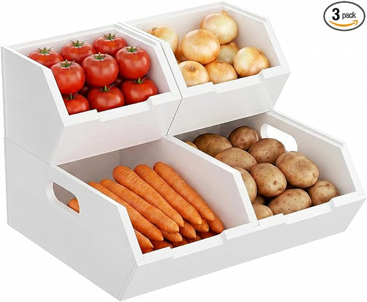 Bamboo Pantry Storage Bins Set, Potato and Onion Storage Bin for Countertop | Open Front Storage Bins, Large Capacity, Stackable Design, Cut-out Handles, FSC-certified Bamboo, No Assembly, White by BAMBITION